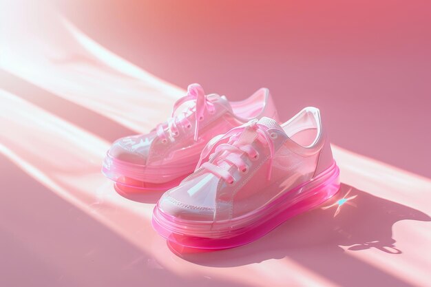 Pink transparent sneakers with laces on a pink background sunlight Fashionable shoes glamorous chic