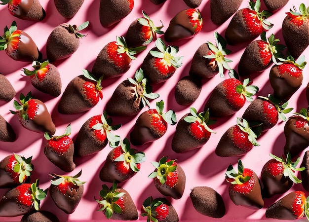 A pink tray of chocolate covered strawberries with one being dipped in chocolate.