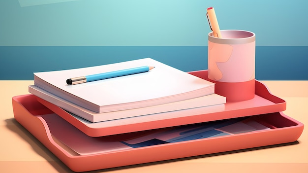 A pink tray with a pen and a cup on it