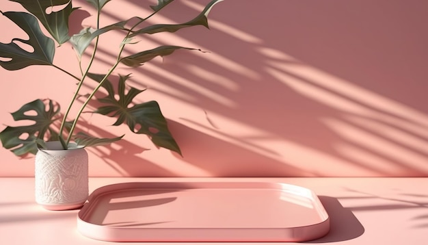 A pink tray with a plant on it sits on a pink surface.