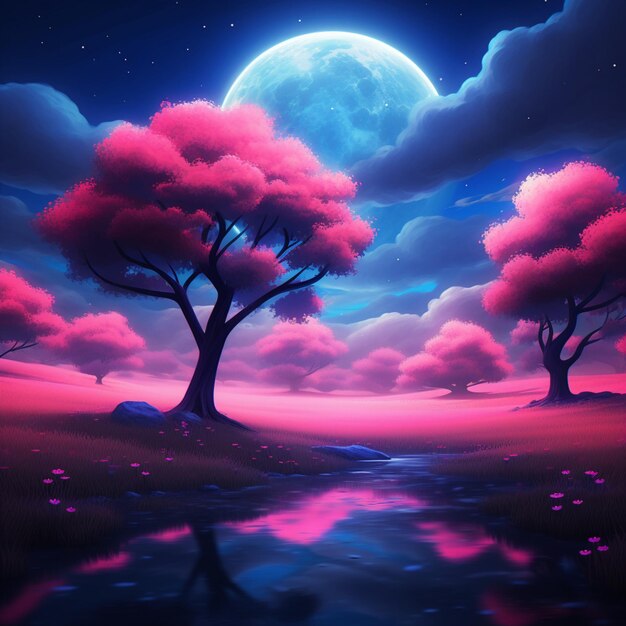 Photo a pink tree under the blue moon