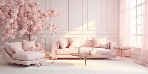 Pink Tree in a Furnished Living Room