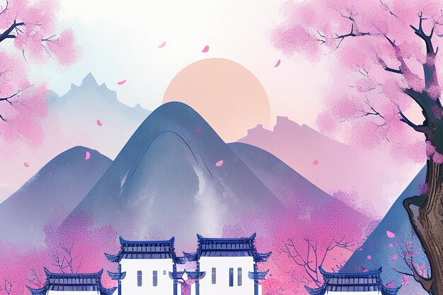 Pink tree house mountain sunset chinese watercolor abstract art wallpaper background illustration