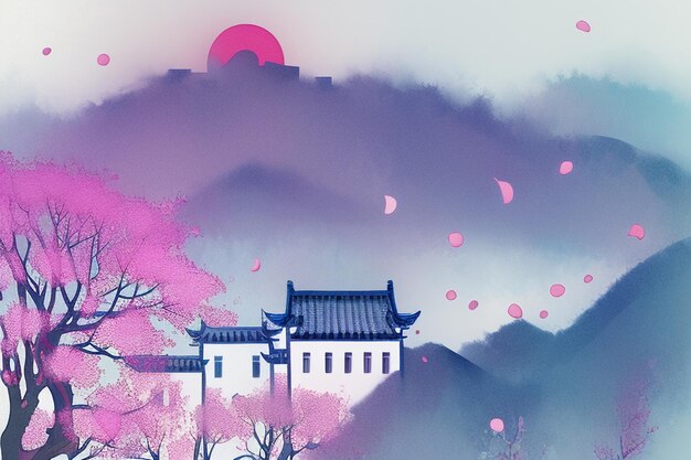 Pink tree house mountain sunset chinese watercolor abstract art wallpaper background illustration