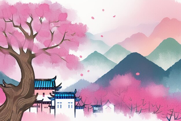 Pink tree house mountain sunset chinese watercolor abstract art wallpaper background illustration