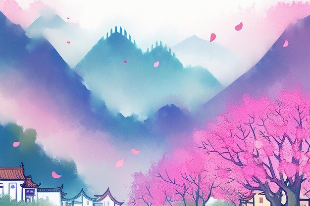 Pink tree house mountain sunset chinese watercolor abstract art wallpaper background illustration