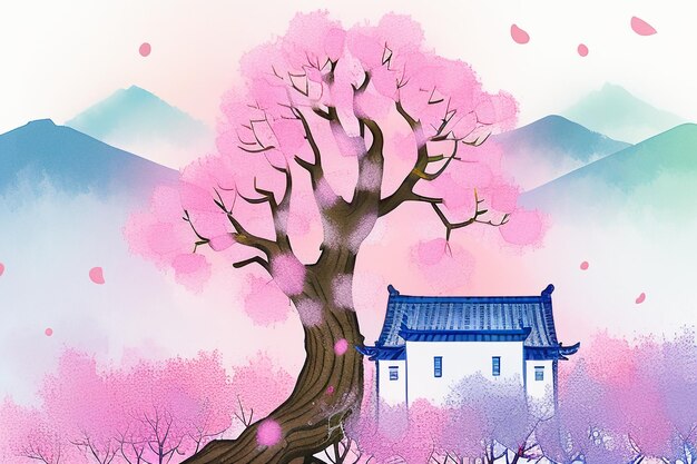 Pink tree house mountain sunset chinese watercolor abstract art wallpaper background illustration