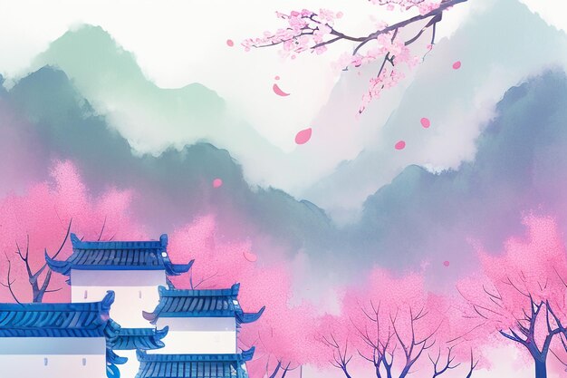 Pink tree house mountain sunset chinese watercolor abstract art wallpaper background illustration