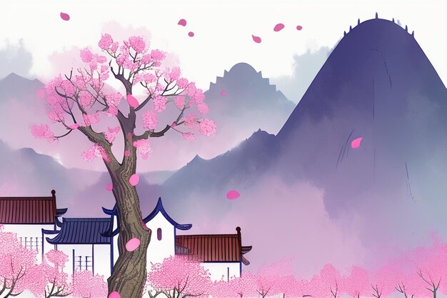 Photo pink tree house mountain sunset chinese watercolor abstract art wallpaper background illustration