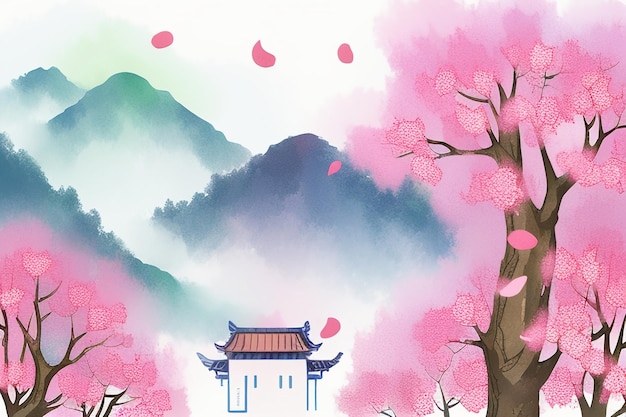 Photo pink tree house mountain sunset chinese watercolor abstract art wallpaper background illustration