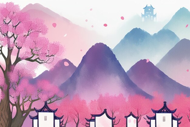 Photo pink tree house mountain sunset chinese watercolor abstract art wallpaper background illustration