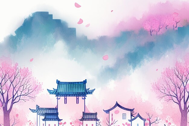 사진 핑크 트리 하우스 산의 해가 지는 중국 수채화 추상 예술 벽지 배경 일러스트레이션