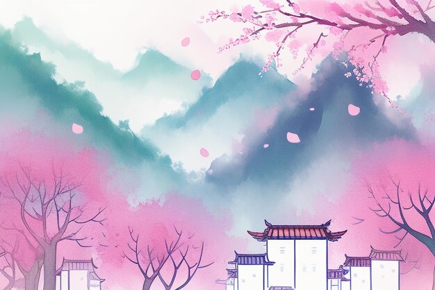 Foto casa sull'albero rosa, tramonto in montagna, acquerello cinese, arte astratta, carta da parati, illustrazione di sfondo