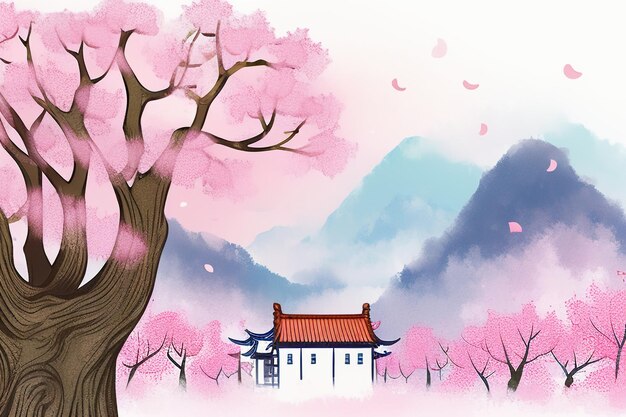 Photo pink tree house mountain sunset chinese watercolor abstract art wallpaper background illustration