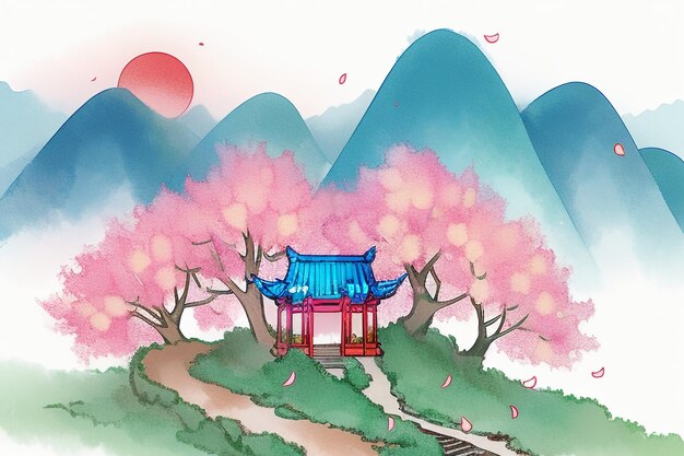 Pink tree house mountain sunset chinese watercolor abstract art wallpaper background illustration