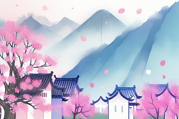 Pink tree house mountain sunset chinese watercolor abstract art wallpaper background illustration