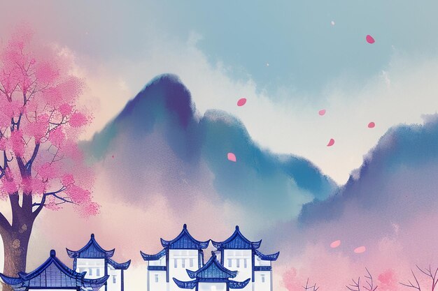 Photo pink tree house mountain sunset chinese watercolor abstract art wallpaper background illustration