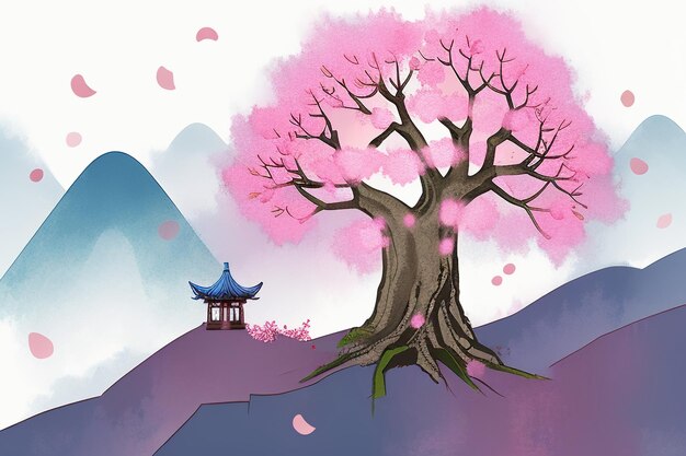 Розовый дом на дереве горный закат китайская акварель абстрактное искусство обои фоновая иллюстрация