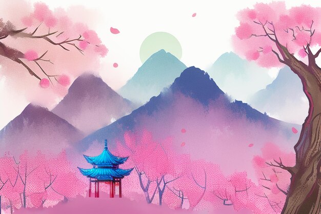 Pink tree house mountain sunset chinese watercolor abstract art wallpaper background illustration