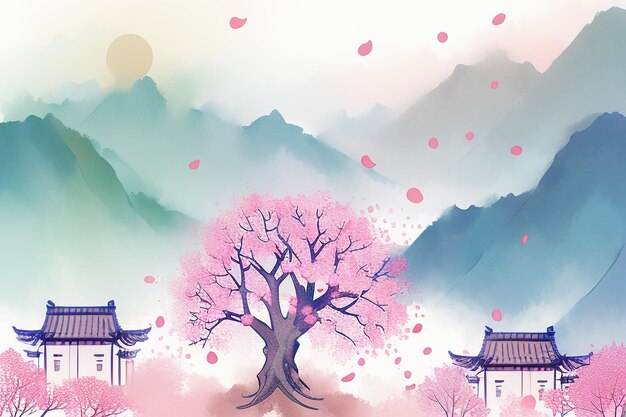 Pink tree house mountain sunset chinese watercolor abstract art wallpaper background illustration