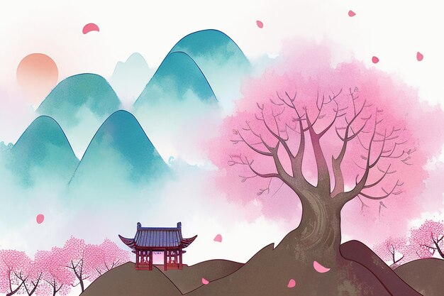 Pink tree house mountain sunset chinese watercolor abstract art wallpaper background illustration