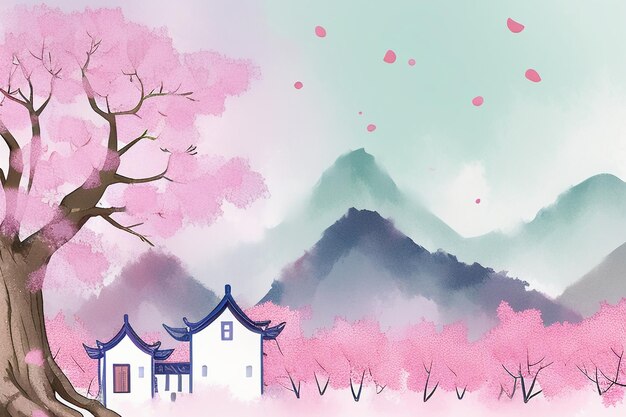 Pink tree house mountain sunset chinese watercolor abstract art wallpaper background illustration