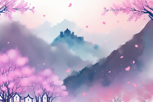 Pink tree house mountain sunset chinese watercolor abstract art wallpaper background illustration