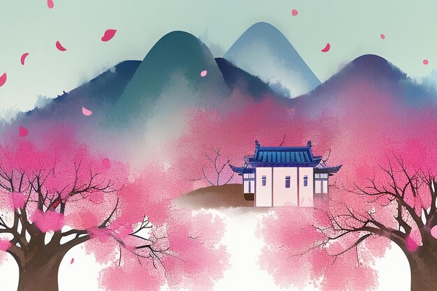 Pink tree house mountain sunset chinese watercolor abstract art wallpaper background illustration