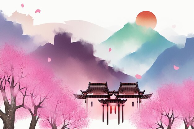 Pink tree house mountain sunset chinese watercolor abstract art wallpaper background illustration