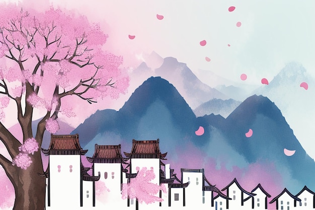Foto illustrazione rosa del fondo della carta da parati di arte astratta dell'acquerello cinese del tramonto della montagna della casa sull'albero