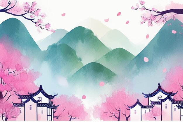 Фото Розовый дом на дереве горный закат китайская акварель абстрактное искусство обои фоновая иллюстрация