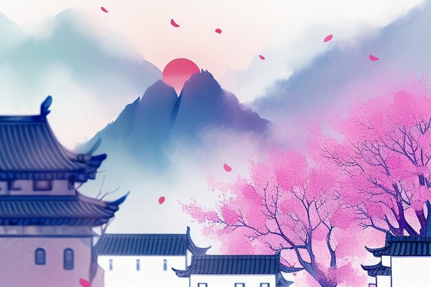 Pink tree house mountain sunset chinese watercolor abstract art wallpaper background illustration