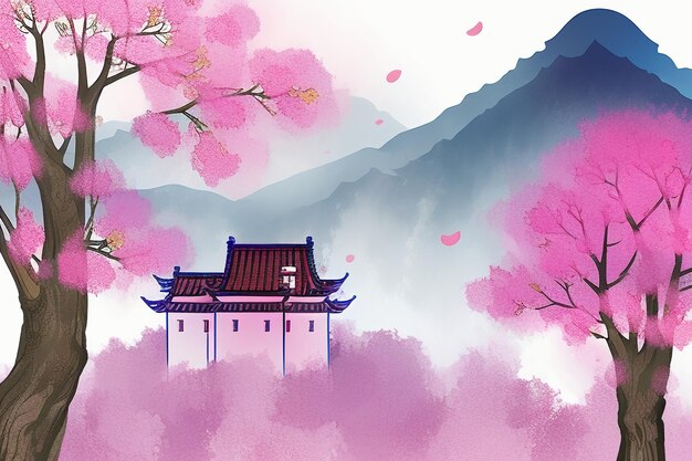 Pink tree house mountain sunset chinese watercolor abstract art wallpaper background illustration