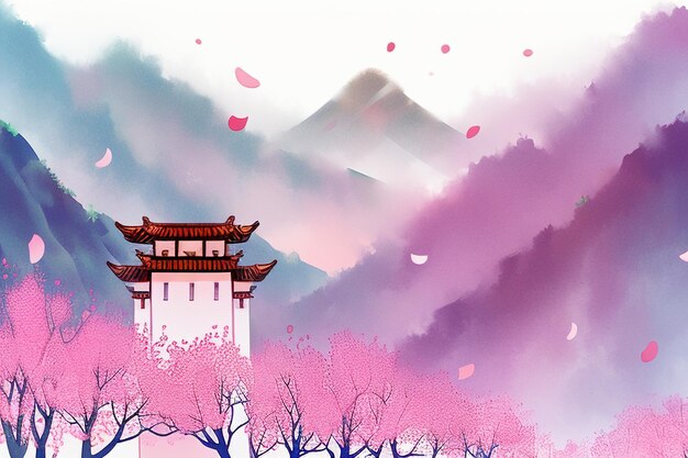 Pink tree house mountain sunset chinese watercolor abstract art wallpaper background illustration