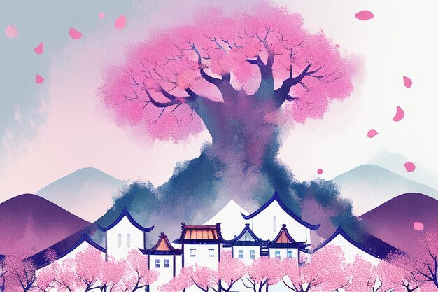 Pink tree house mountain sunset chinese watercolor abstract art wallpaper background illustration