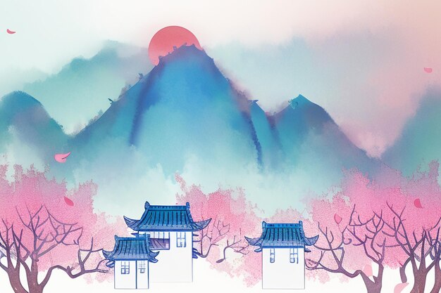 Pink tree house mountain sunset chinese watercolor abstract art wallpaper background illustration