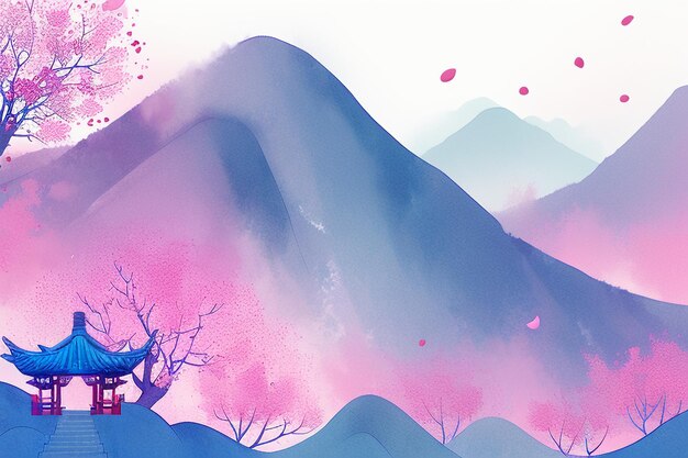 사진 핑크 트리 하우스 산 일몰 중국어 수채화 추상 미술 벽지 배경 그림