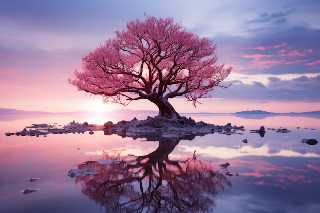 a pink tree in the middle of a lake at sunset