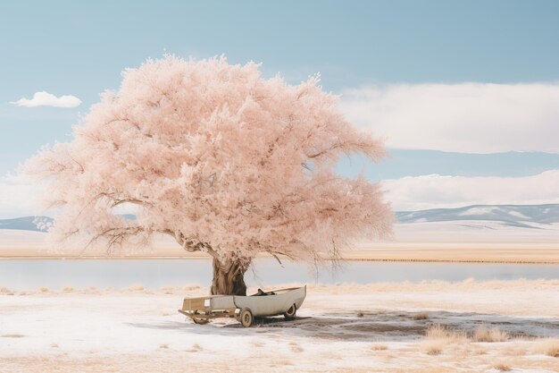 A pink tree in the middle of a snowy field