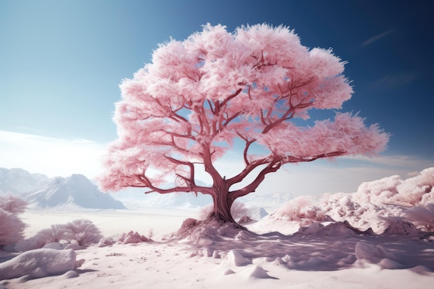 a pink tree in the middle of a snowy landscape