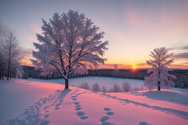 A pink tree on a snowy landscape with a sunset in the background