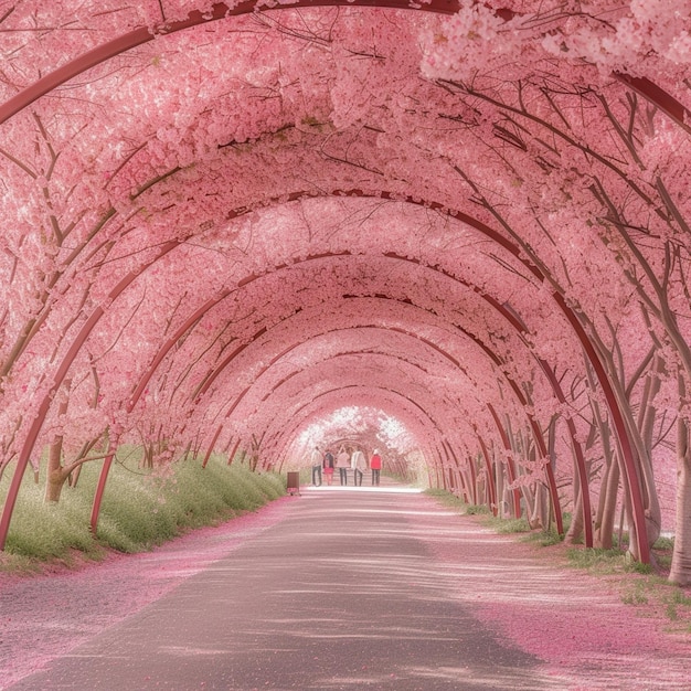 Photo pink tree tunnel in japan cherry blossom petals forming