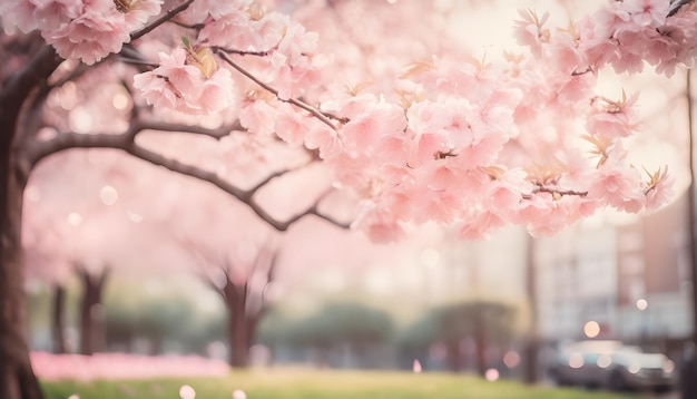 Photo a pink tree with a blurred background of a park with a pink cherry blossom tree