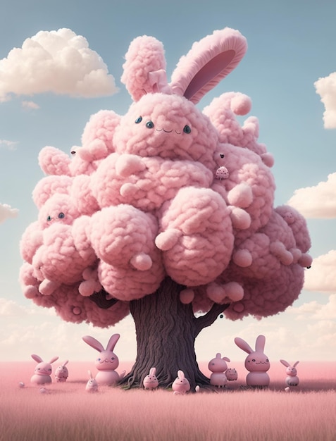 A pink tree with a bunch of bunny ears on it