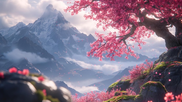 A pink tree with flowers in the foreground of a mountain ai