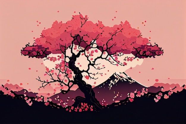 A pink tree with a mountain in the background