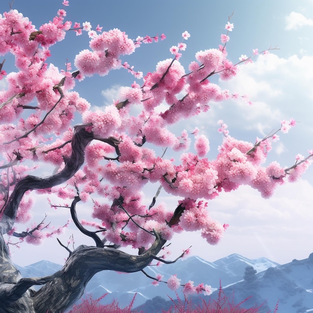 A pink tree with a mountain in the background