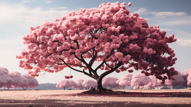 Розовое дерево с розовыми цветами внизу.