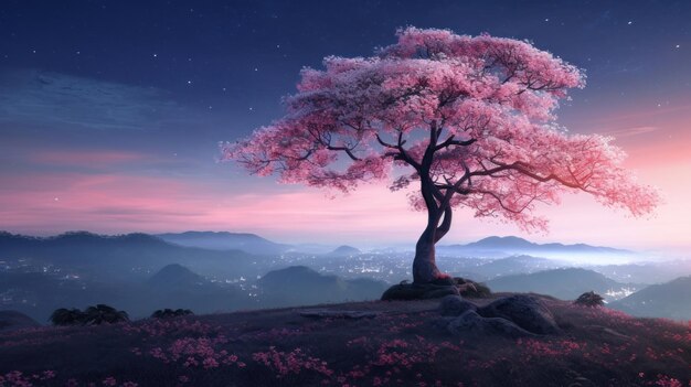 a pink tree with pink flowers on the top of it