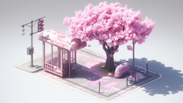 A pink tree with a pink sign that says cherry blossom.